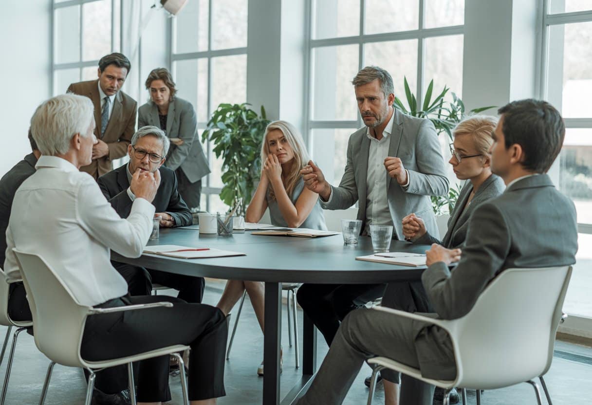 Een groep familieleden zit samen aan een vergadertafel en bespreekt serieus een zaak.