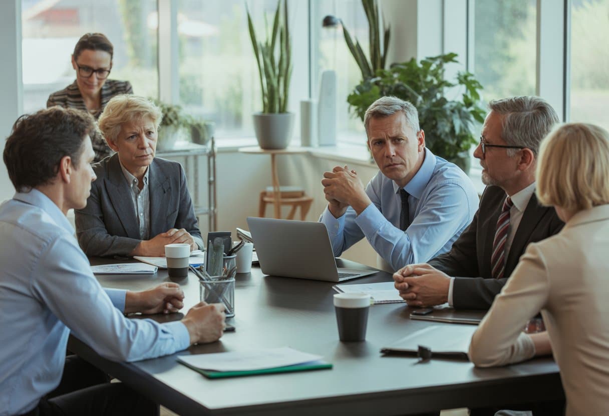 Een groep familieleden en werknemers zit rond een vergadertafel in een kantoor en bespreekt een conflict.