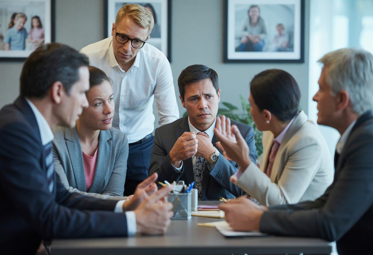 Een groep familieleden en zakelijke professionals in een vergaderruimte, die een gespannen gesprek voeren rond een tafel.