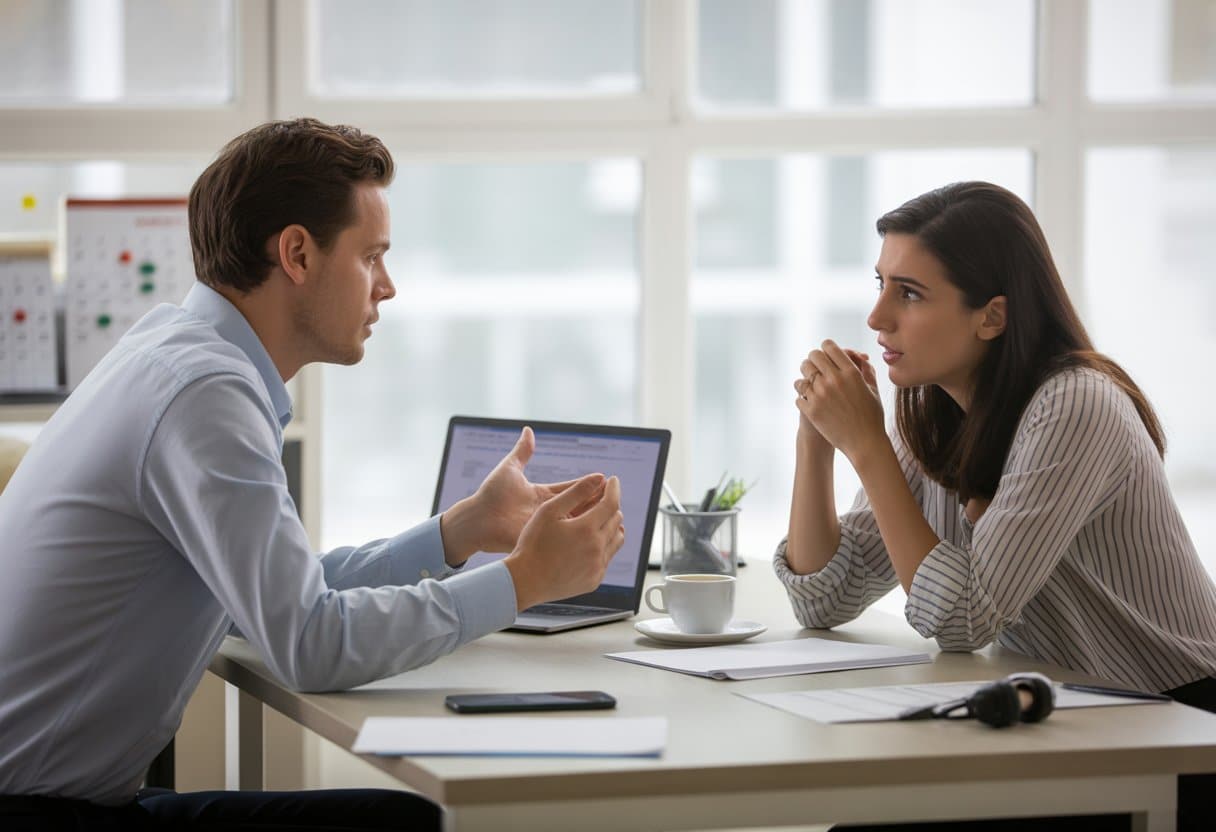 Een werkgever en een werknemer zitten in een kantoor in gesprek over ziekte en thuiswerken.