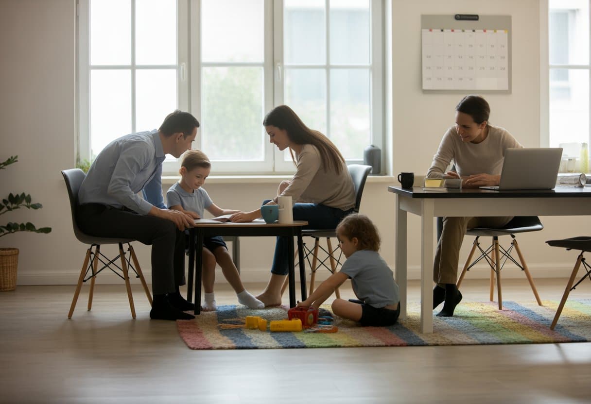 Twee ouders en twee kinderen in een lichte woonkamer met een thuiskantoor, waarbij de ouders samen tijd doorbrengen en werken terwijl de kinderen spelen en leren.