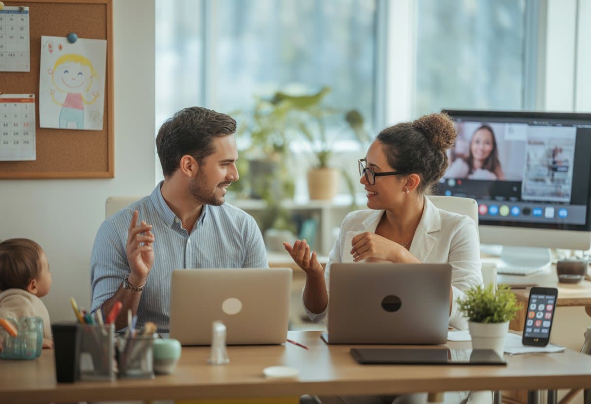Twee ouders die samen aan laptops werken in een lichte kantoorruimte met elementen van thuis en werk, zoals een kindertekening en een digitale agenda.