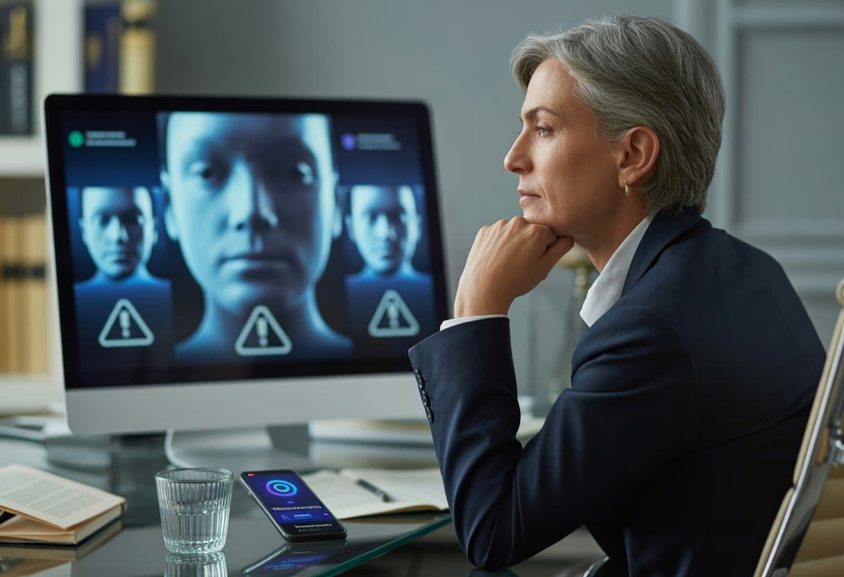 Een serieus persoon zit aan een bureau in een kantoor en kijkt geconcentreerd naar een computerscherm met digitale gezichten en waarschuwingssymbolen.
