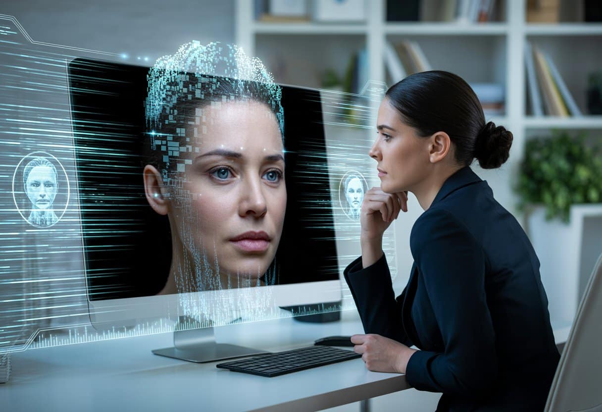 Een zakenvrouw zit aan een bureau en kijkt naar een computerscherm met een digitaal gezicht en beveiligingssymbolen.