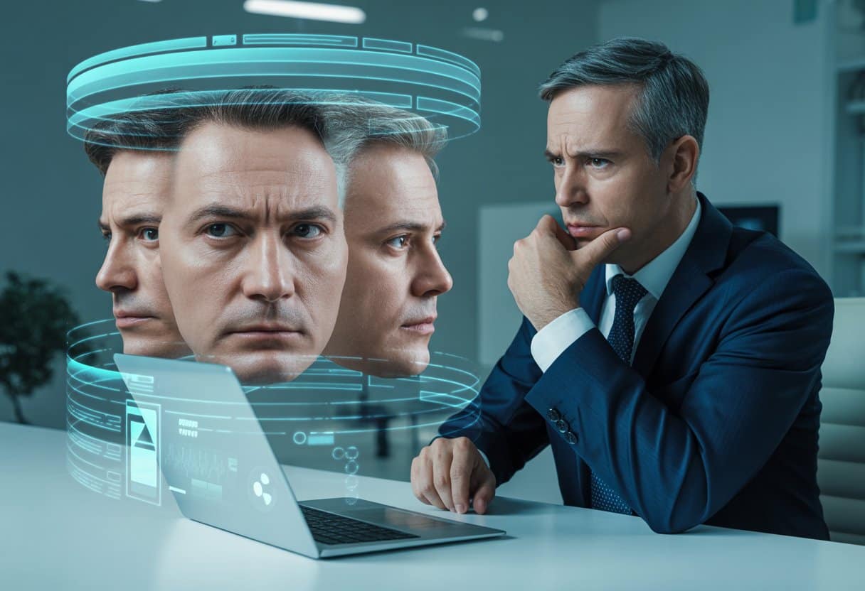 Een bezorgde zakenman zit achter een bureau met een laptop waarop vervormde digitale gezichten te zien zijn, in een moderne kantooromgeving.