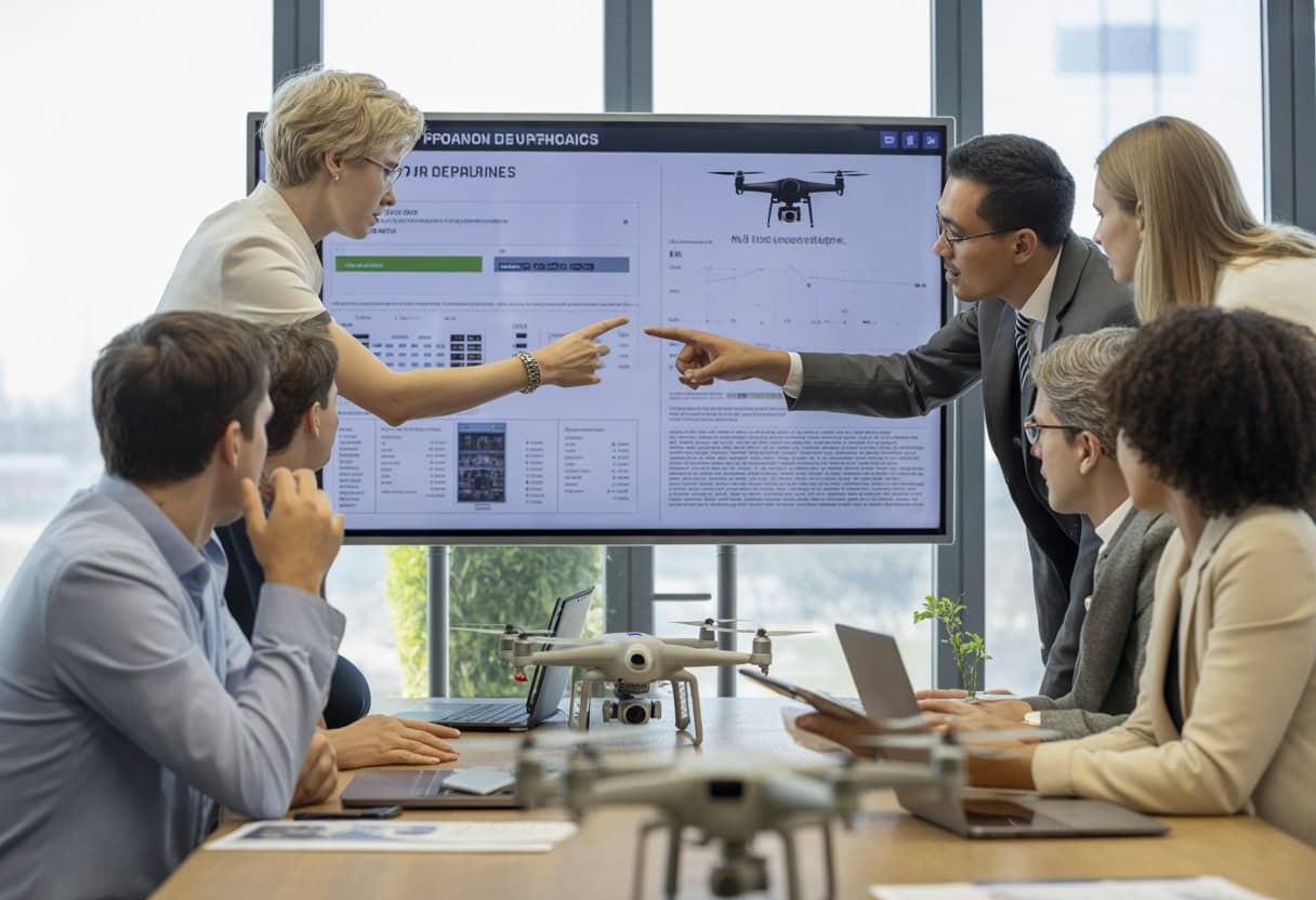 Een groep professionals bespreekt dronevluchten en juridische kaders in een kantoorruimte met een scherm waarop grafieken en diagrammen te zien zijn.
