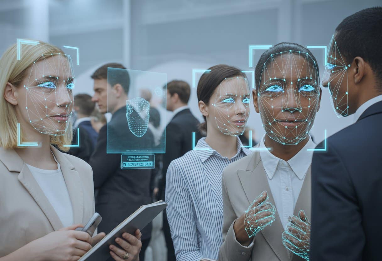 Een evenement met mensen waarbij gezichtsherkenningstechnologie wordt weergegeven door digitale patronen en lichteffecten rond gezichten, met een subtiel symbool dat juridische grenzen aanduidt.