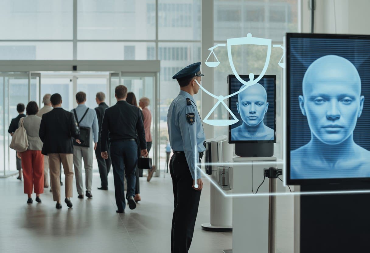 Bezoekers bij een beveiligingscheckpoint op een evenement waar gezichtsherkenningstechnologie wordt toegepast onder toezicht van een beveiliger.