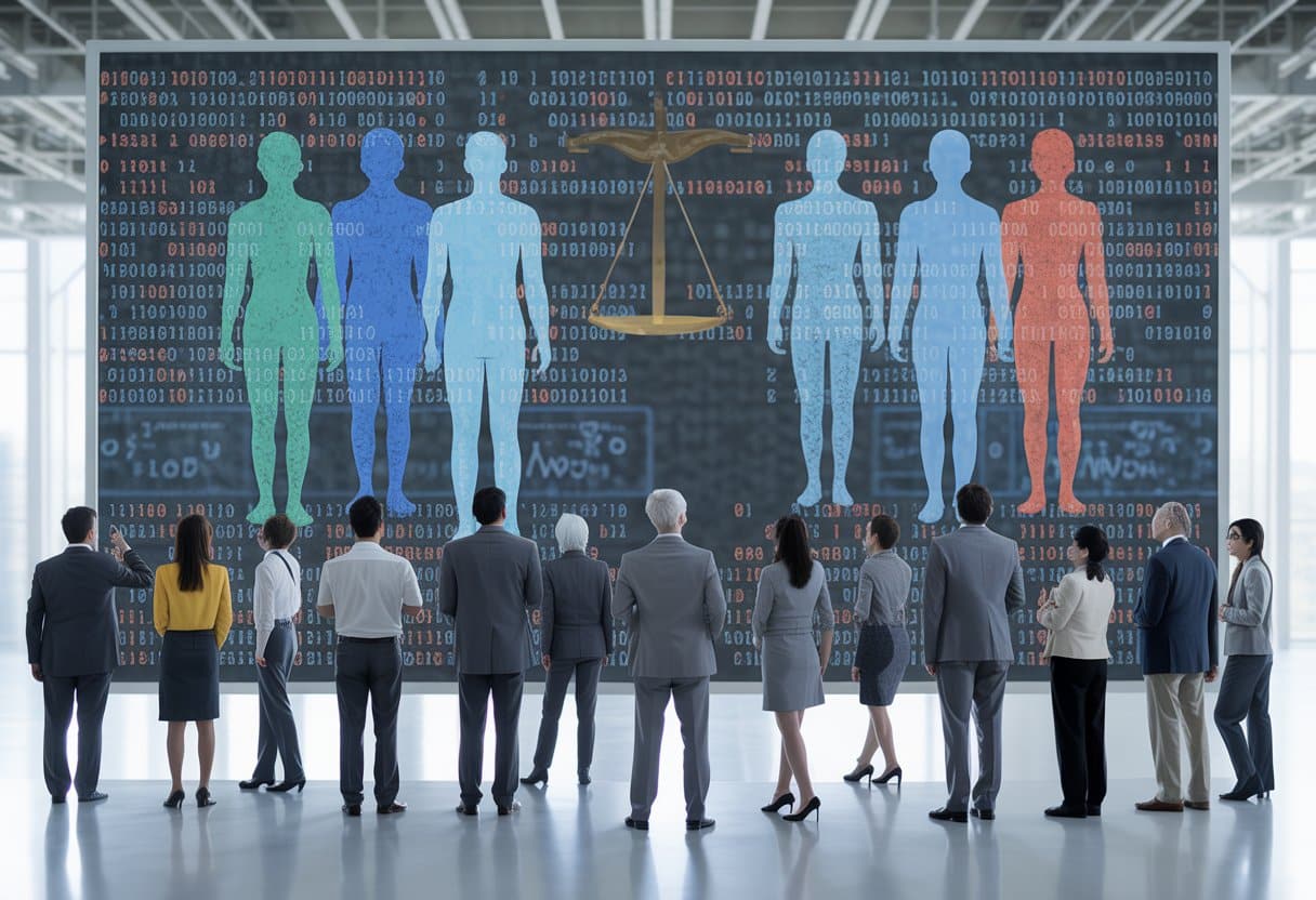Een diverse groep mensen staat voor een digitaal scherm met algoritmische data en een weegschaal van gerechtigheid op de achtergrond.