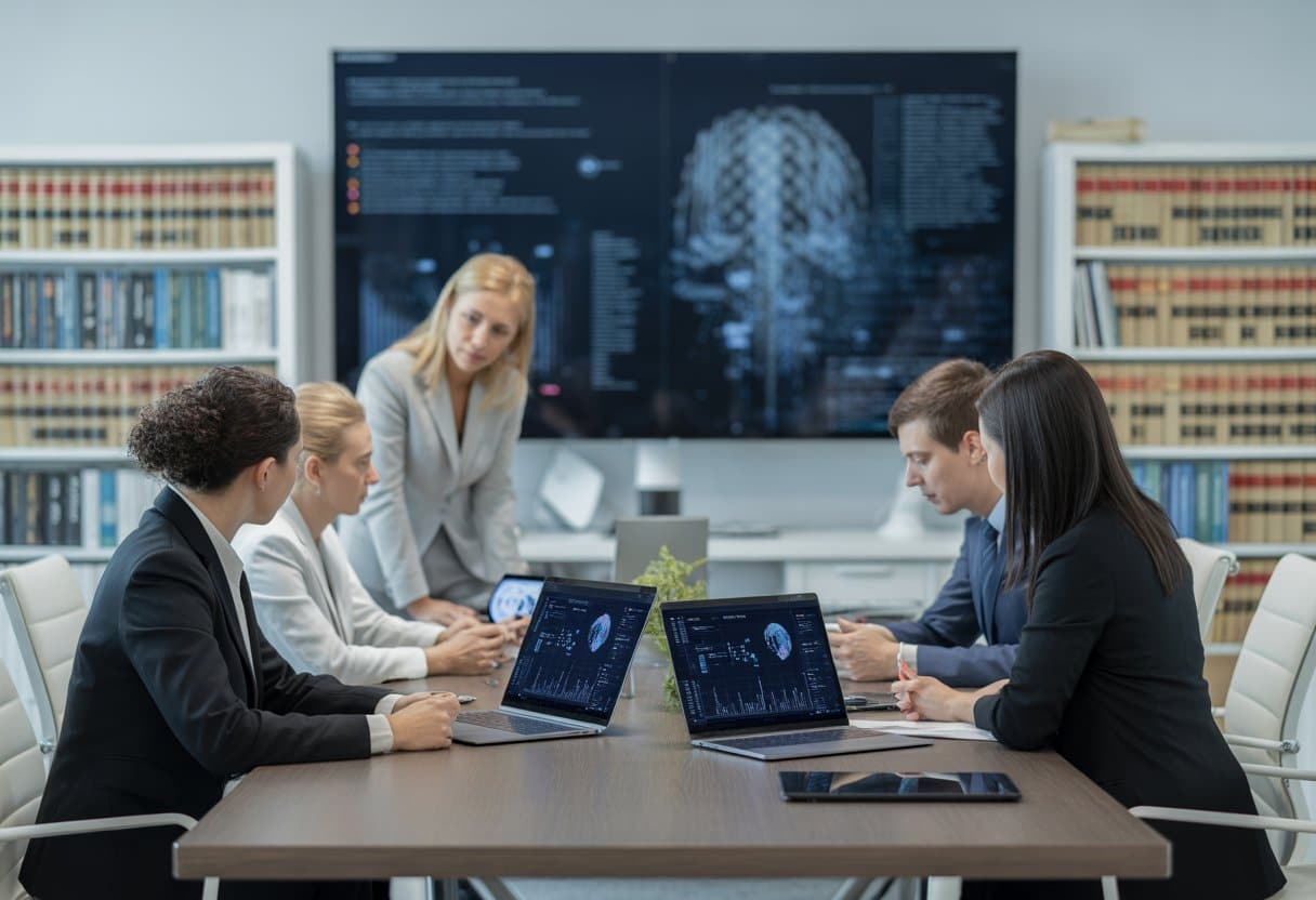 Een groep professionals in een moderne kantoorruimte bespreekt juridische en technologische kwesties rond algoritmische discriminatie aan een vergadertafel.