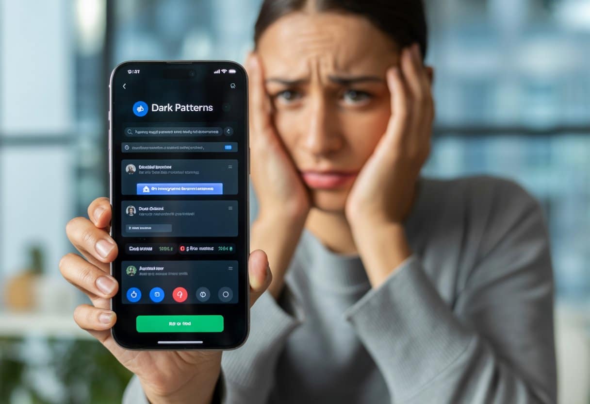 Een persoon houdt een smartphone vast met een verwarrend en misleidend appscherm, in een kantooromgeving.