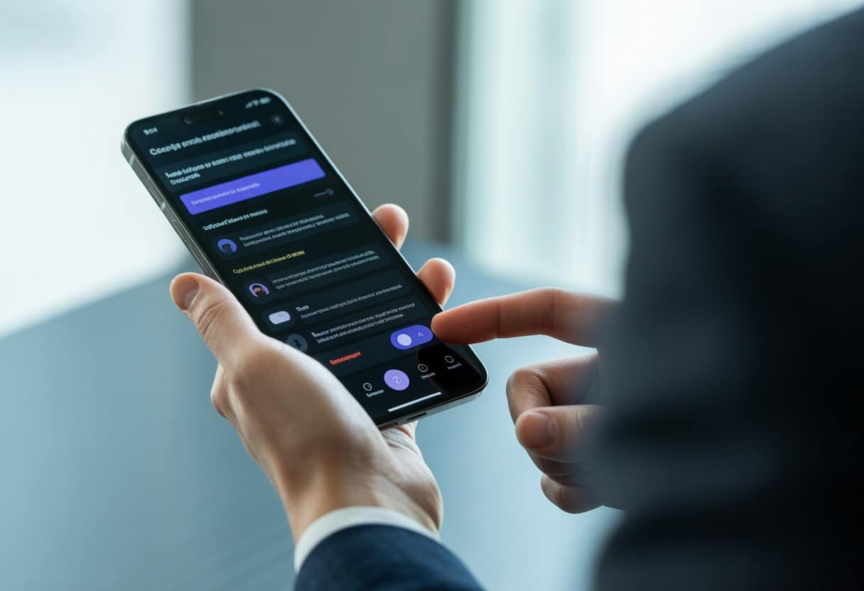 Een persoon die een smartphone vasthoudt en een mobiele app gebruikt met verwarrende knoppen in een kantooromgeving.