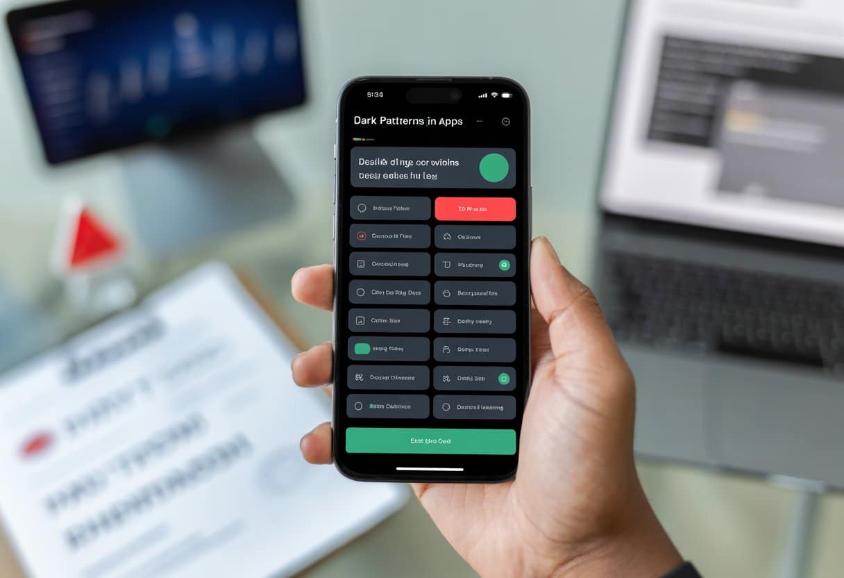 Een persoon die een smartphone vasthoudt met een verwarrende app-interface en een waarschuwingssymbool op de achtergrond.