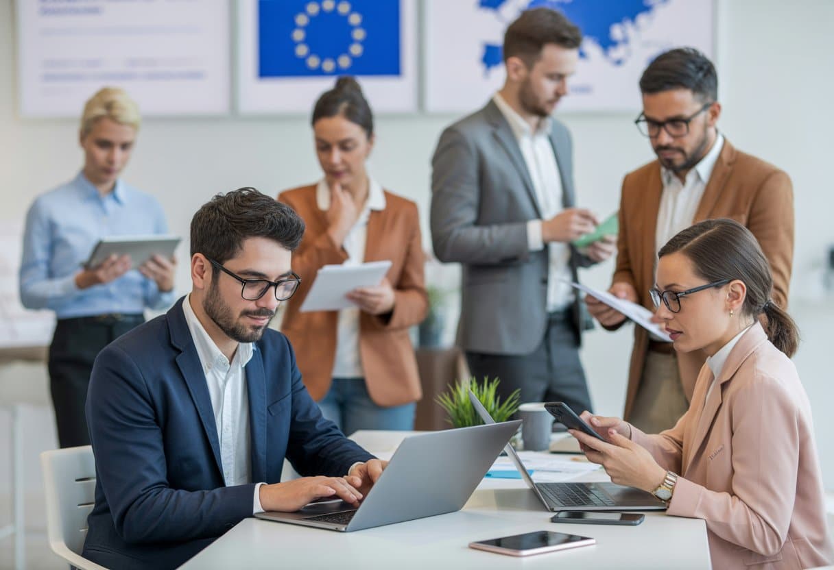Een diverse groep mensen werkt samen en zelfstandig in een moderne kantooromgeving, gebruikmakend van laptops en smartphones.