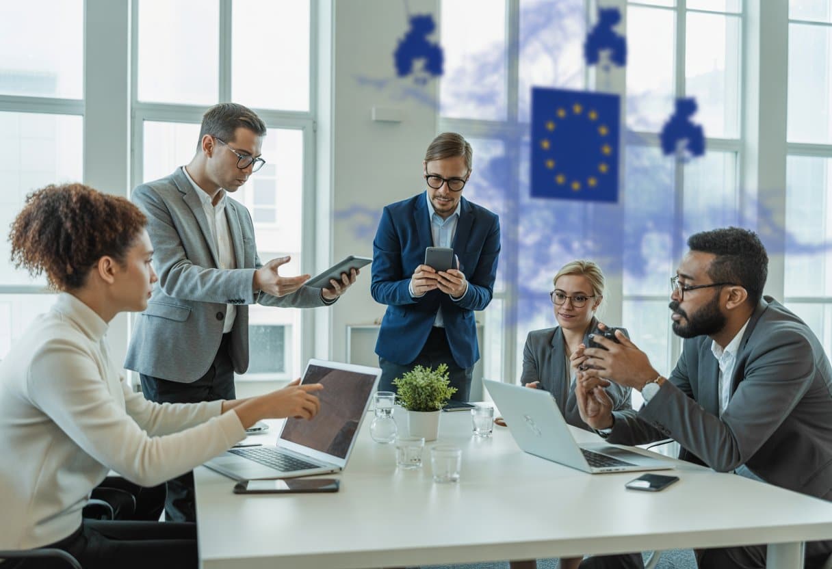Een groep platformwerkers en zzp’ers die samen in een moderne kantooromgeving overleggen.