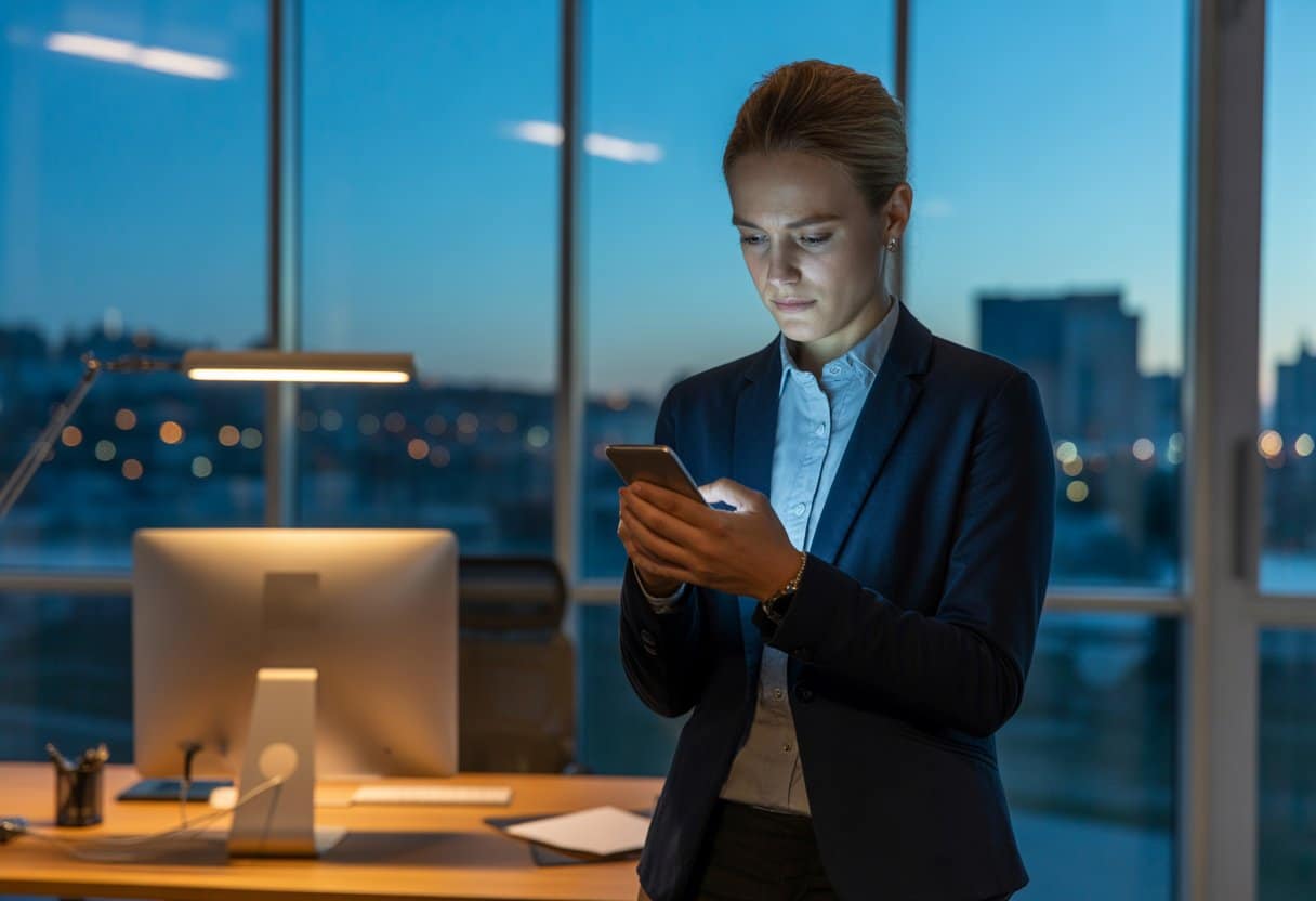 Een persoon in een kantoor na werktijd die op een smartphone kijkt met een bezorgde blik, met een stadszicht op de achtergrond.