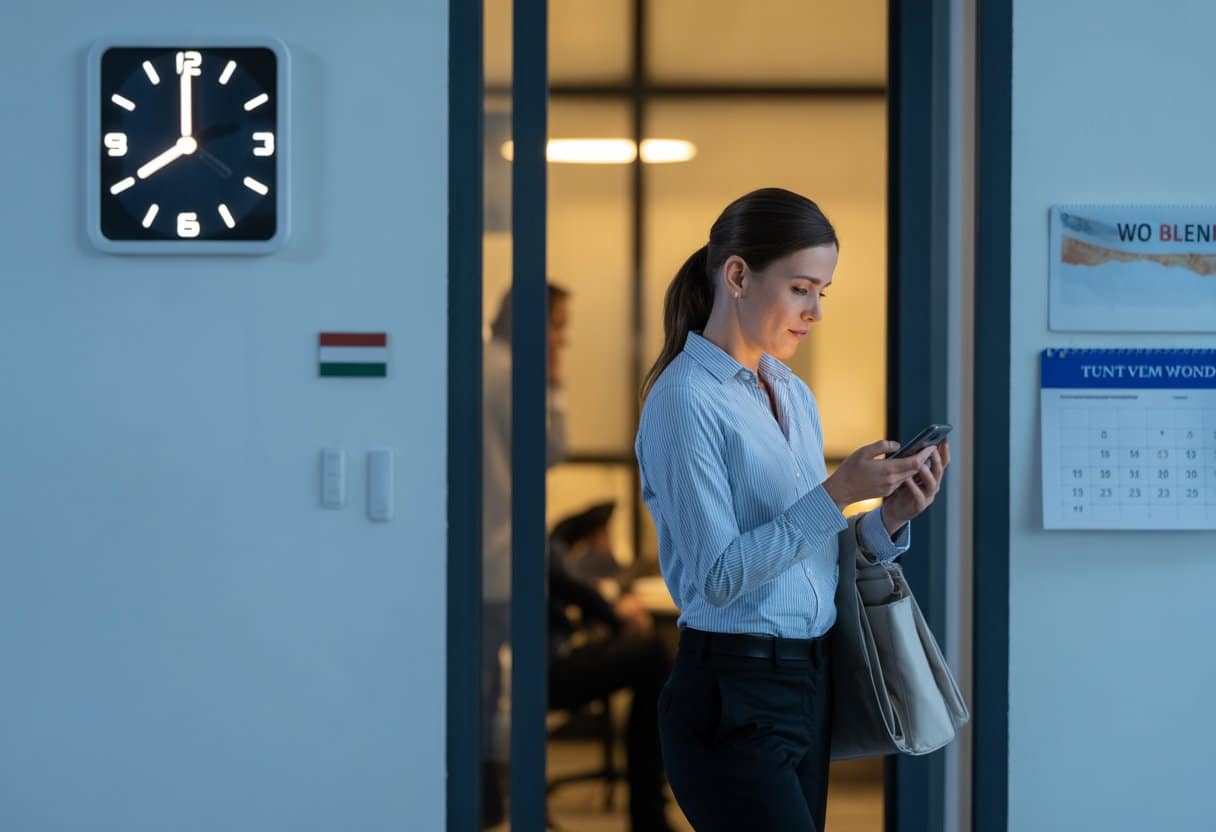 Een zakelijke professional die na werktijd het kantoor verlaat en zijn telefoon weglegt, met een klok die avondtijd aangeeft.