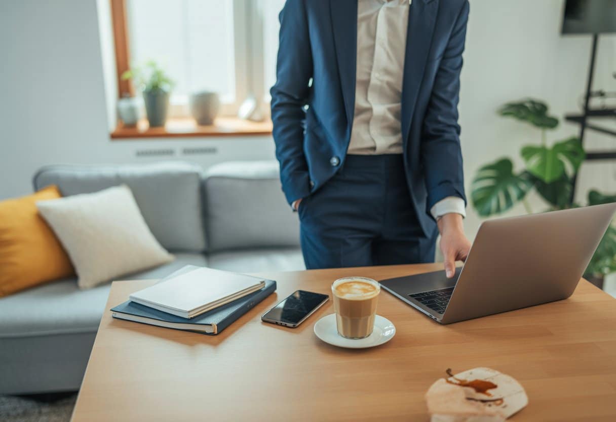Een persoon werkt thuis aan een laptop in een nette, goed verlichte werkruimte met een bureau, koffiekopje en planten.