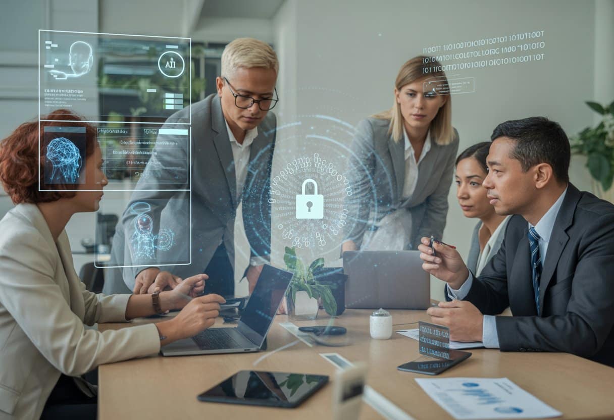 Een groep zakelijke professionals bespreekt digitale fraude tijdens fusies en overnames in een modern kantoor met laptops en een digitaal scherm met datavisualisaties.