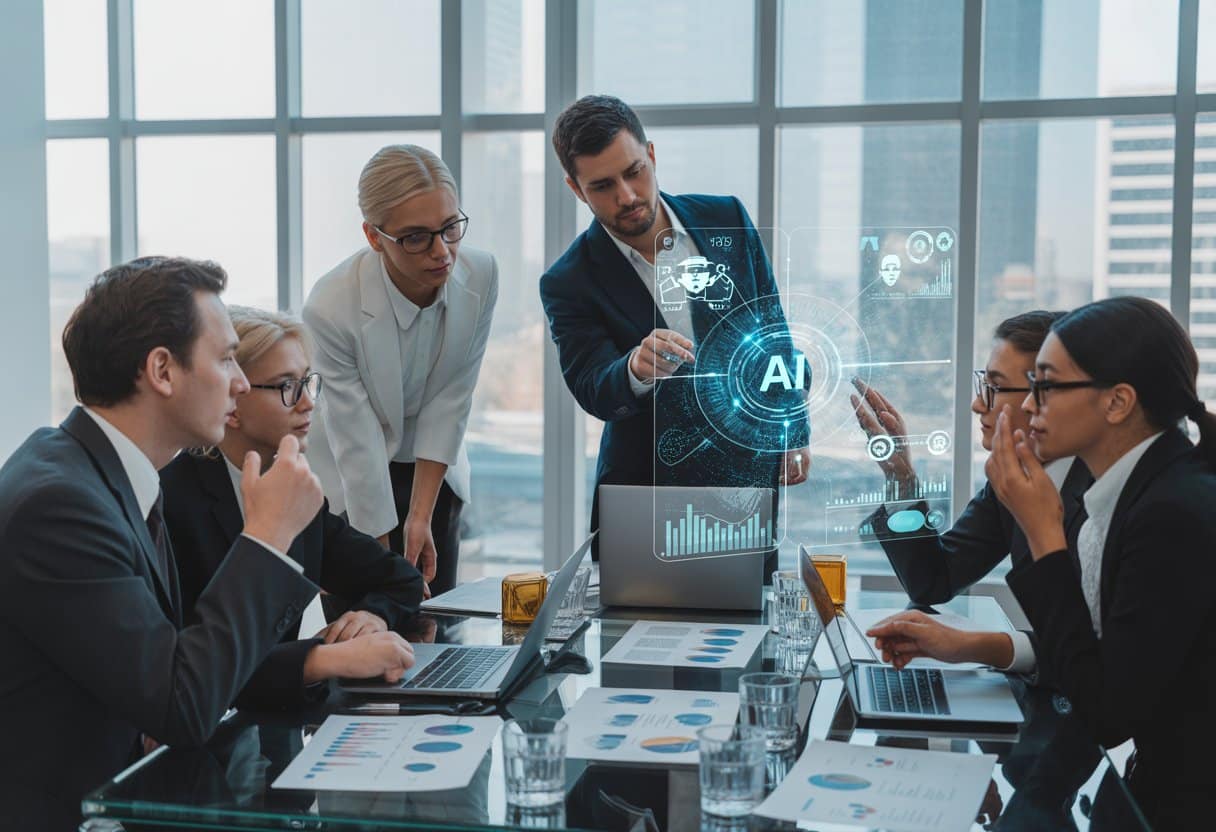 Een groep zakelijke professionals werkt samen rond een tafel met documenten en digitale schermen die data en AI-visualisaties tonen in een modern kantoor.