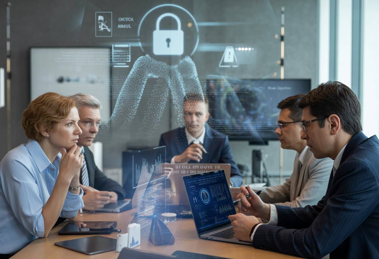 Zakelijke professionals bespreken digitale risico's tijdens een vergadering in een modern kantoor met laptops en digitale schermen.