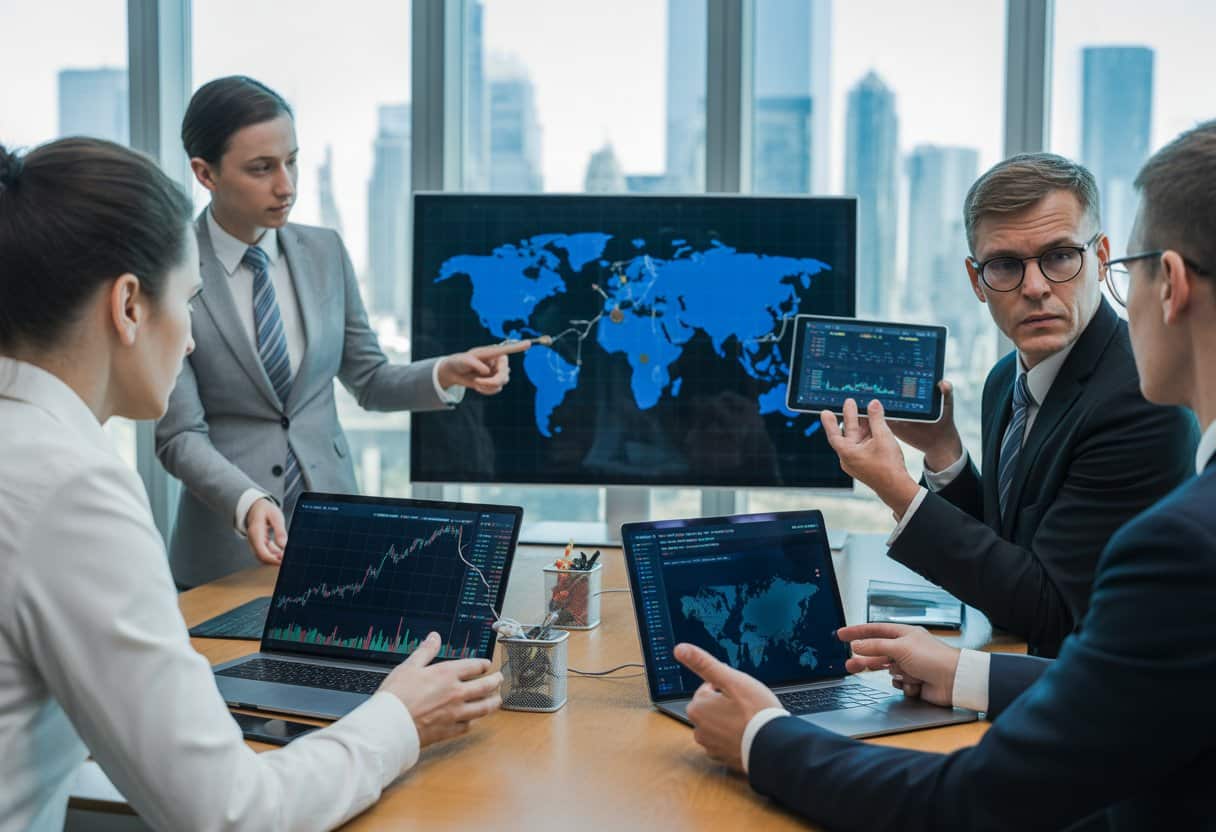 Zakelijke professionals bespreken risico's van internationale sancties en cryptocurrency in een modern kantoor.