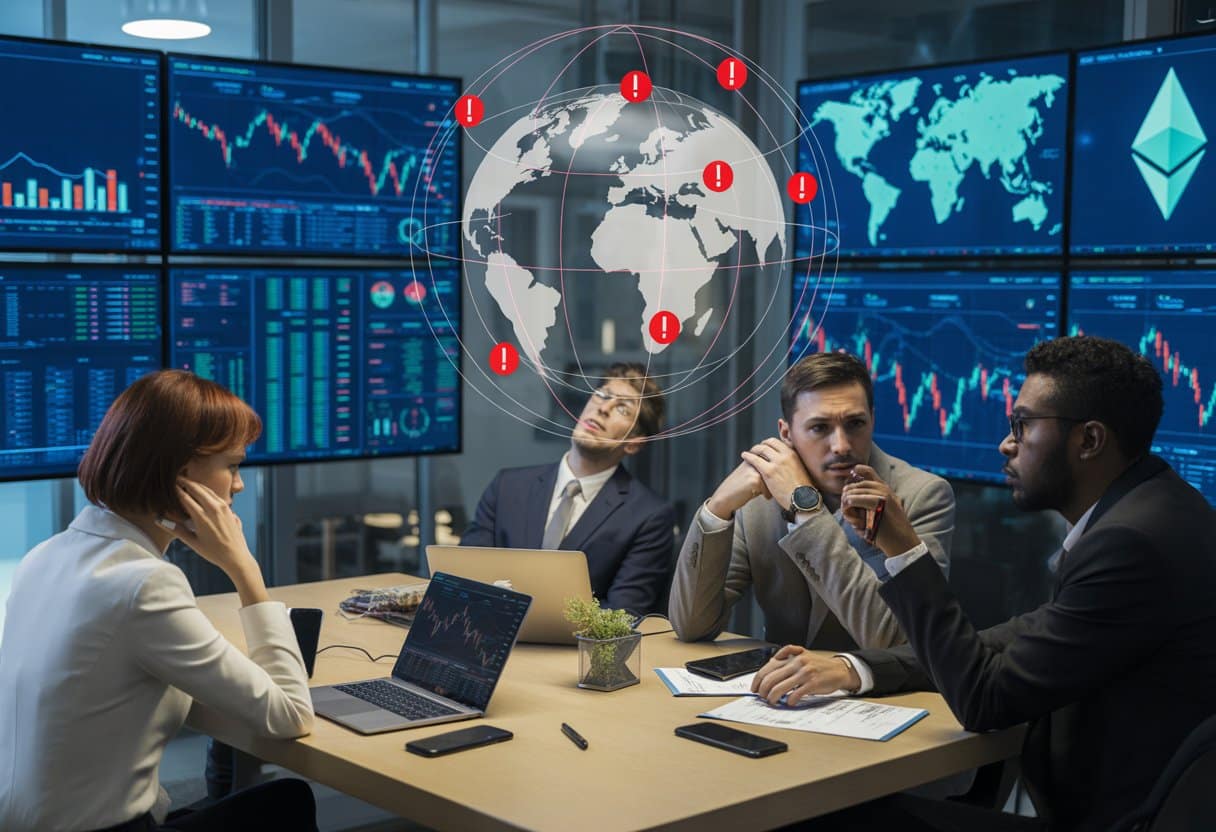 Zakelijke professionals die financiële gegevens over cryptomunten en wereldwijde sancties analyseren in een moderne kantooromgeving.