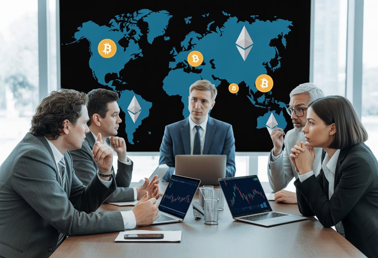 Zakelijke professionals bespreken risico’s van cryptocurrency en internationale sancties in een moderne kantooromgeving.