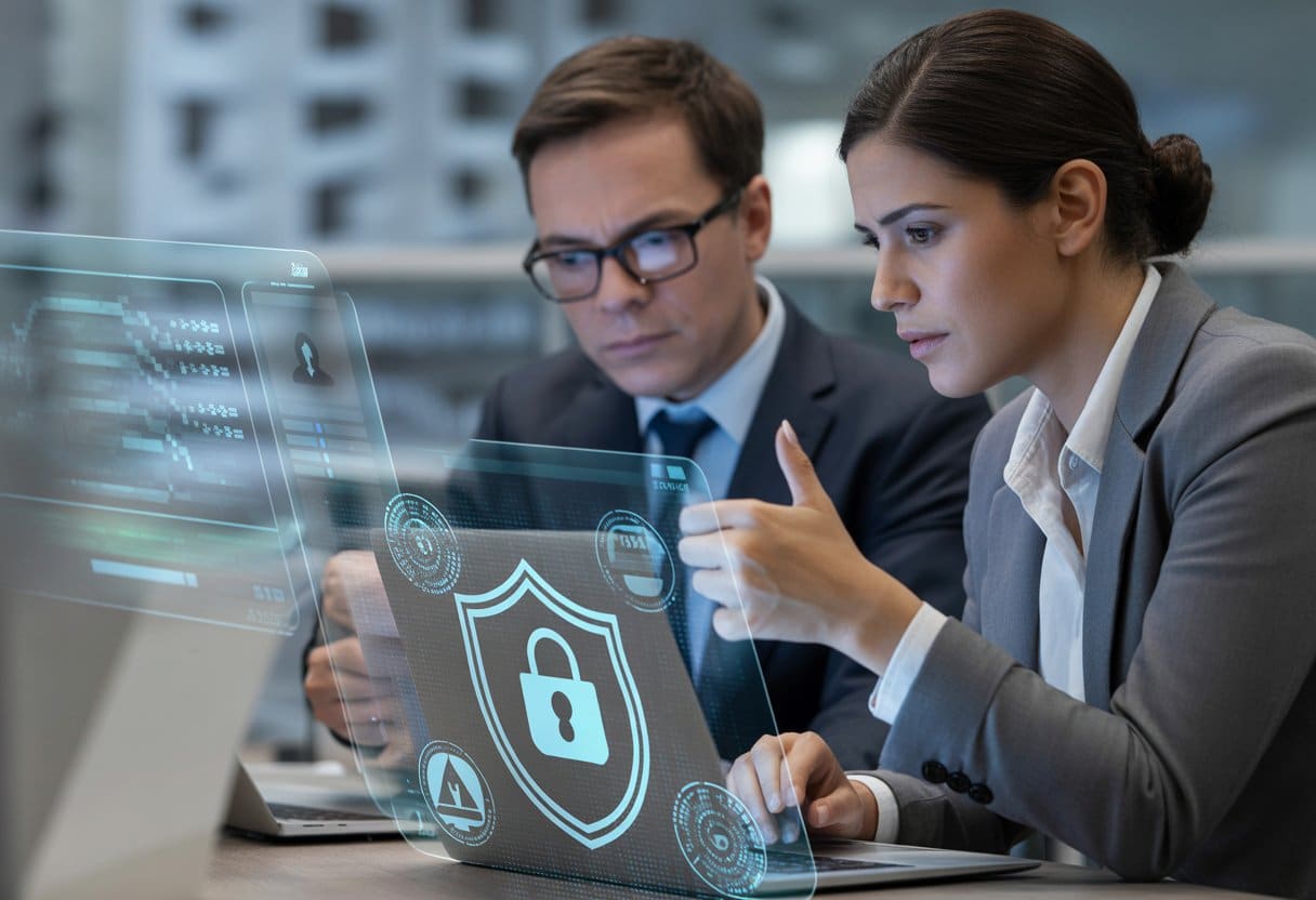 Twee zakelijke professionals bespreken digitale beveiliging bij een laptop in een kantooromgeving.