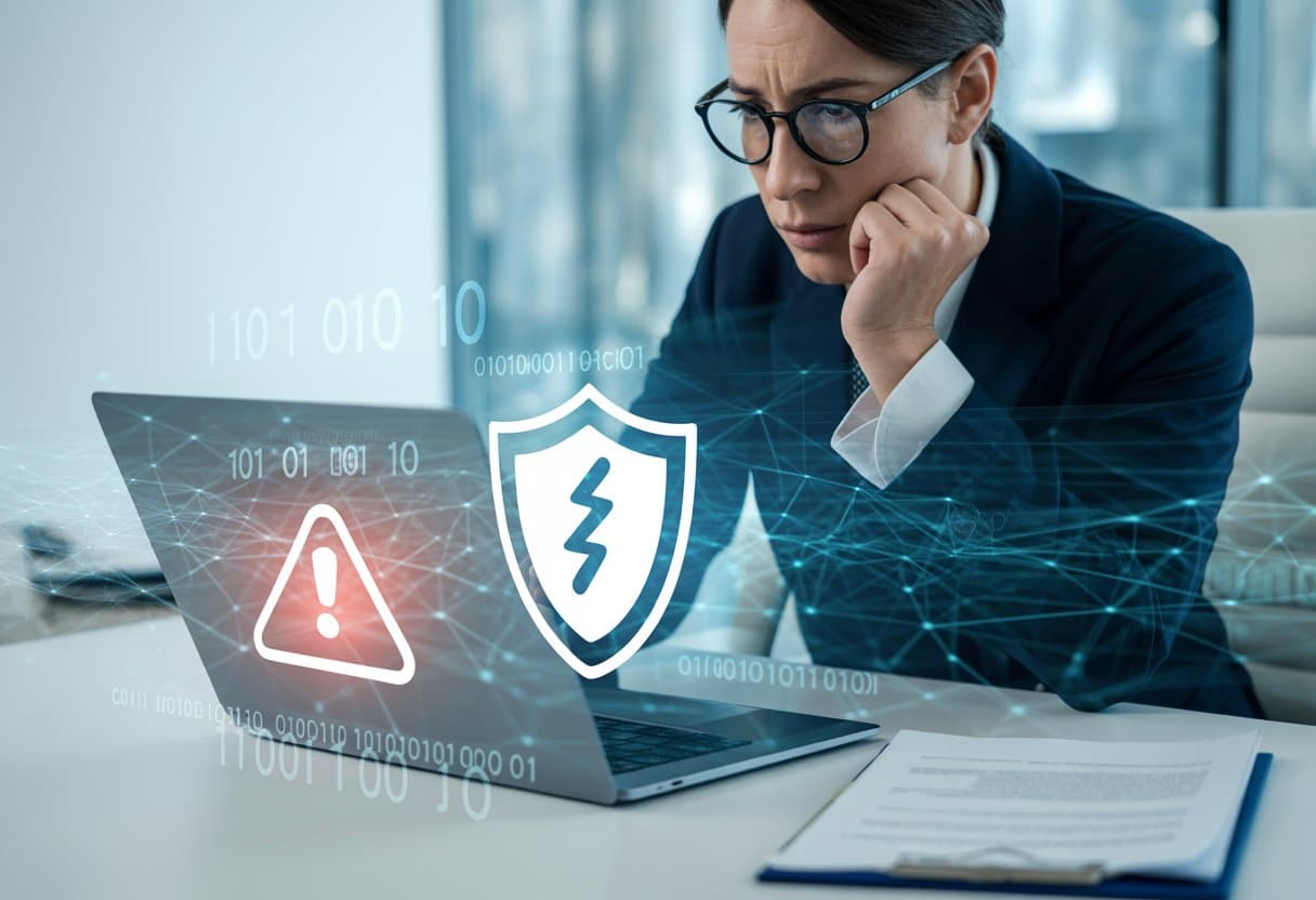 Een bezorgde zakenpersoon kijkt naar een laptop met een digitaal waarschuwingssymbool, omgeven door digitale codes en juridische documenten op een bureau.