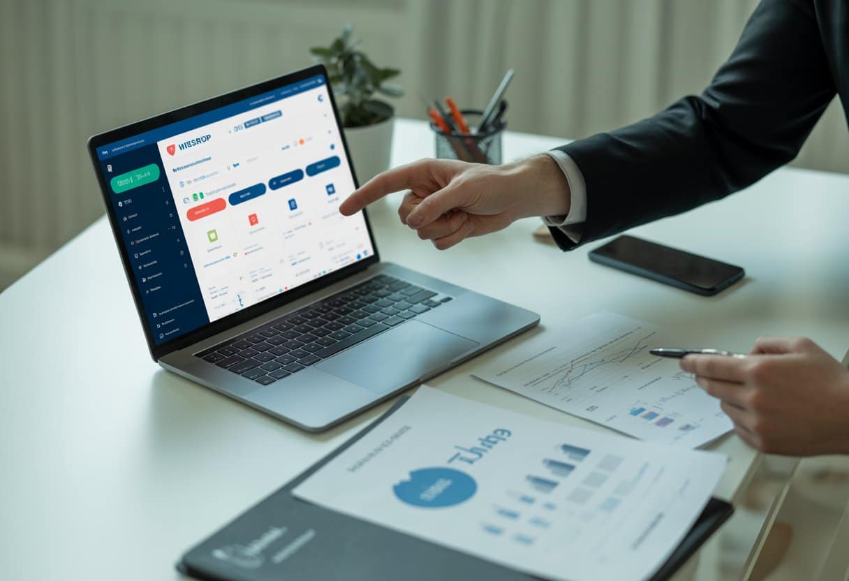 Een persoon aan een bureau met een laptop en documenten die informatie over webshops en regelgeving tonen.