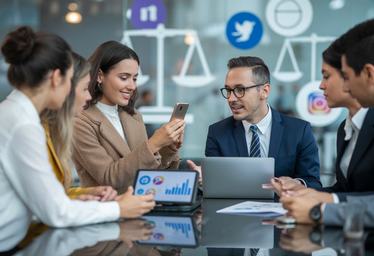 Een groep jonge professionals bespreekt influencer marketing en reclamerecht in een modern kantoor, met een vrouw die een smartphone vasthoudt en een man die juridische documenten uitlegt.
