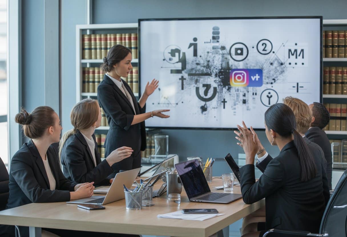 Een groep jonge professionals bespreekt influencer marketing en reclamerecht in een moderne kantooromgeving.