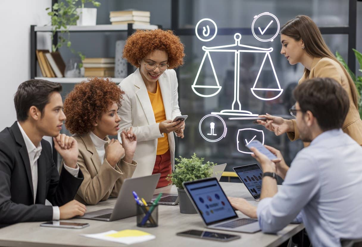 Een groep jonge professionals zit samen aan een tafel in een modern kantoor en bespreekt influencer marketing en reclameregels.