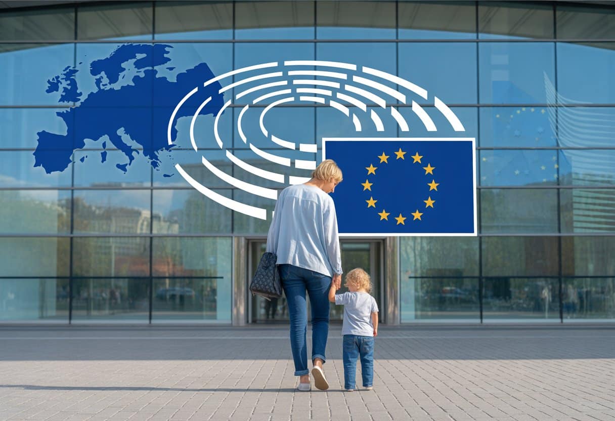 Een bezorgde ouder houdt de hand van een jong kind vast bij een modern gebouw met de Europese vlag op de achtergrond.