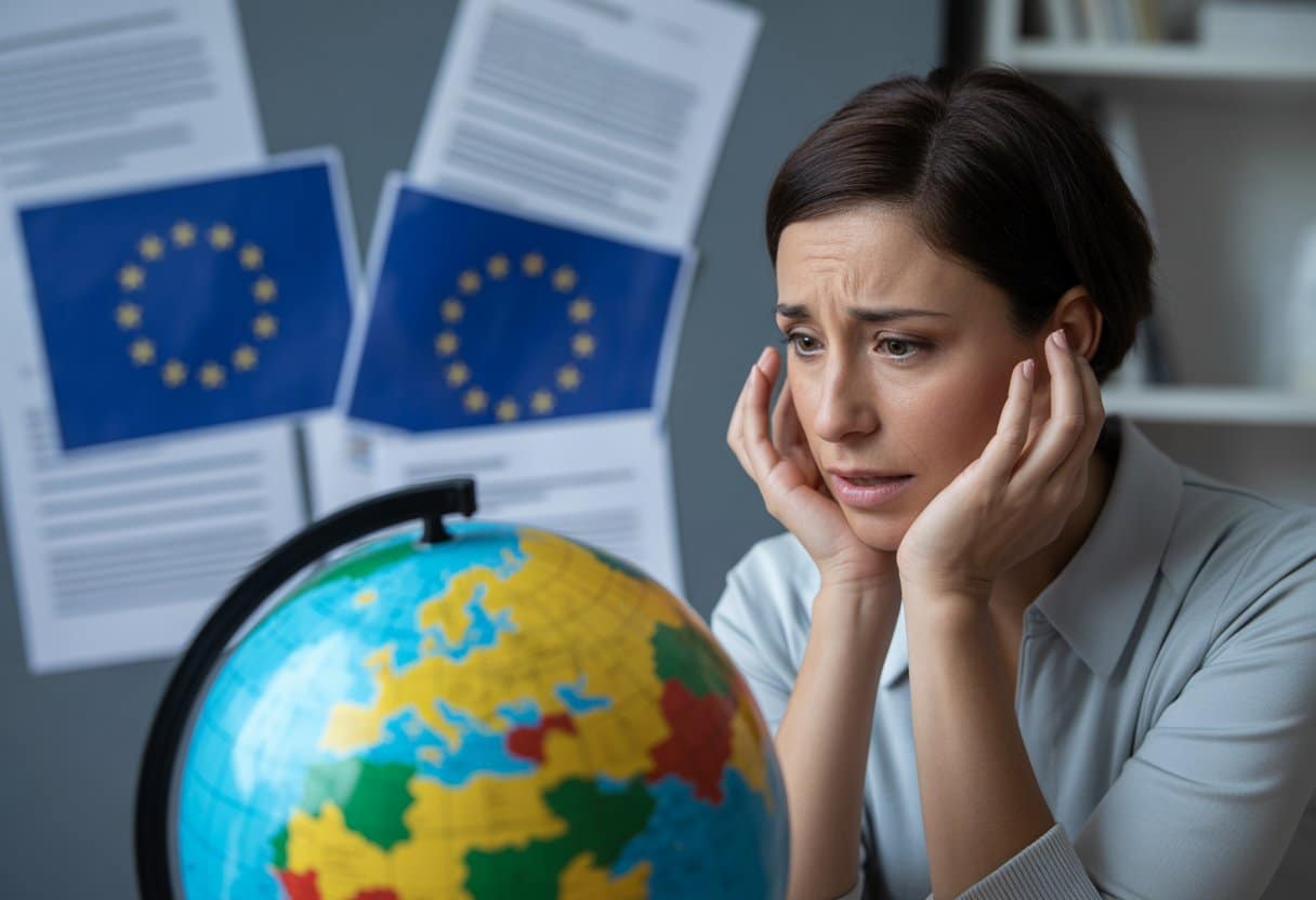 Een bezorgde ouder kijkt naar een wereldbol met een kaart van Europa, met op de achtergrond EU-vlaggen en documenten.