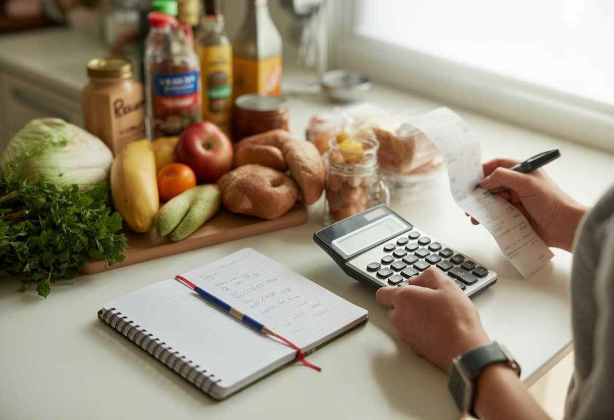 Alimentatie en inflatie: hoe berekent u een eerlijke bijdrage? 1 Een keuken tafel met boodschappen, een rekenmachine en een notitieboekje, waar iemand berekeningen maakt over voedselkosten.