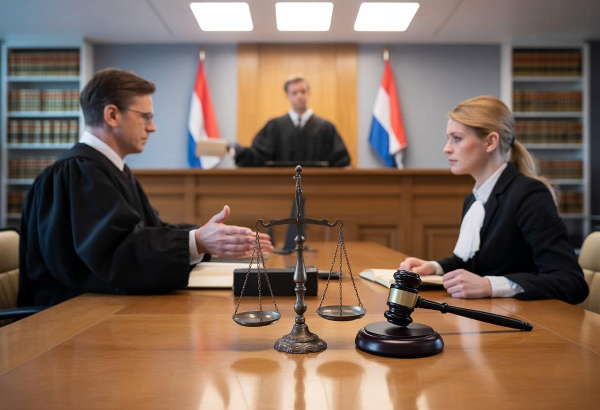 Een rechtbank in Nederland met een rechter, een aanklager en een vrouwelijke advocaat, met een weegschaal en een hamer op een tafel.