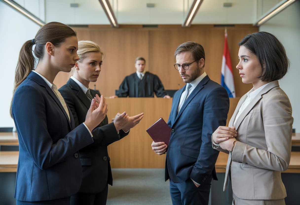 Binnenkant van een Nederlandse rechtszaal met een rechter, een vrouwelijke advocaat en een bezorgde vrouw die in gesprek zijn over een serieus onderwerp.