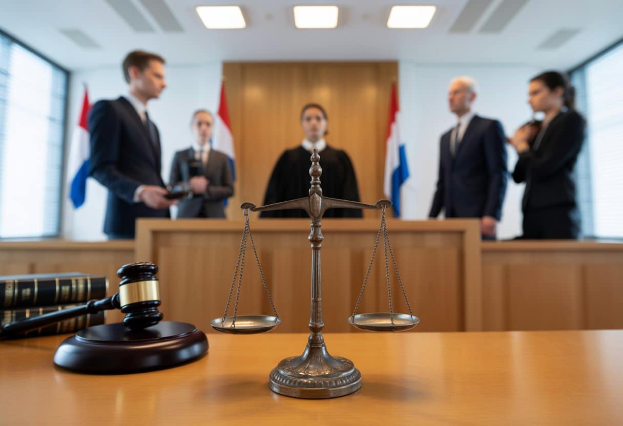 Een rechtbank in Nederland met een rechter en juridische professionals die een serieus gesprek voeren over rechtvaardigheid.