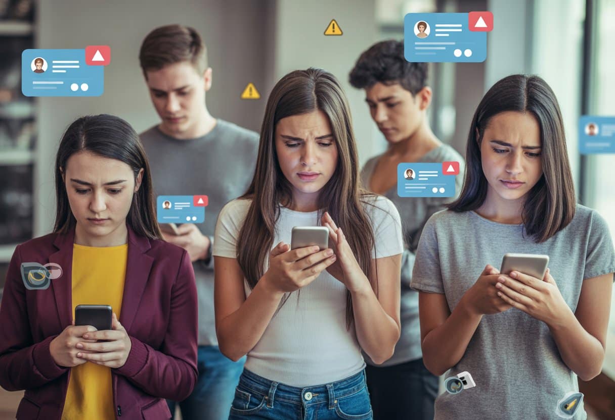 Een groep jongeren gebruikt digitale apparaten, sommigen zien bezorgd uit, wat het thema cyberpesten en online pesten uitbeeldt.