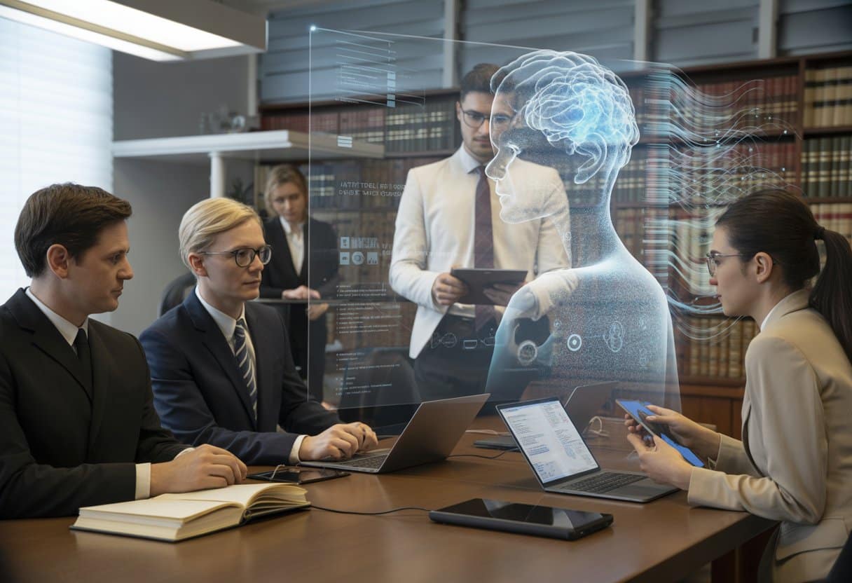 Een groep professionals in een rechtszaal die digitale gegevens en bewijsstukken bespreken met een holografisch scherm met AI-symbolen op de achtergrond.