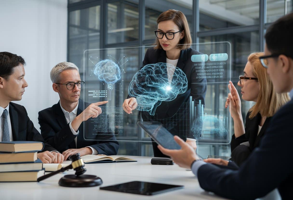 Een groep professionals bespreekt kunstmatige intelligentie in een moderne kantooromgeving, met digitale AI-graphics op een scherm en juridische voorwerpen op tafel.