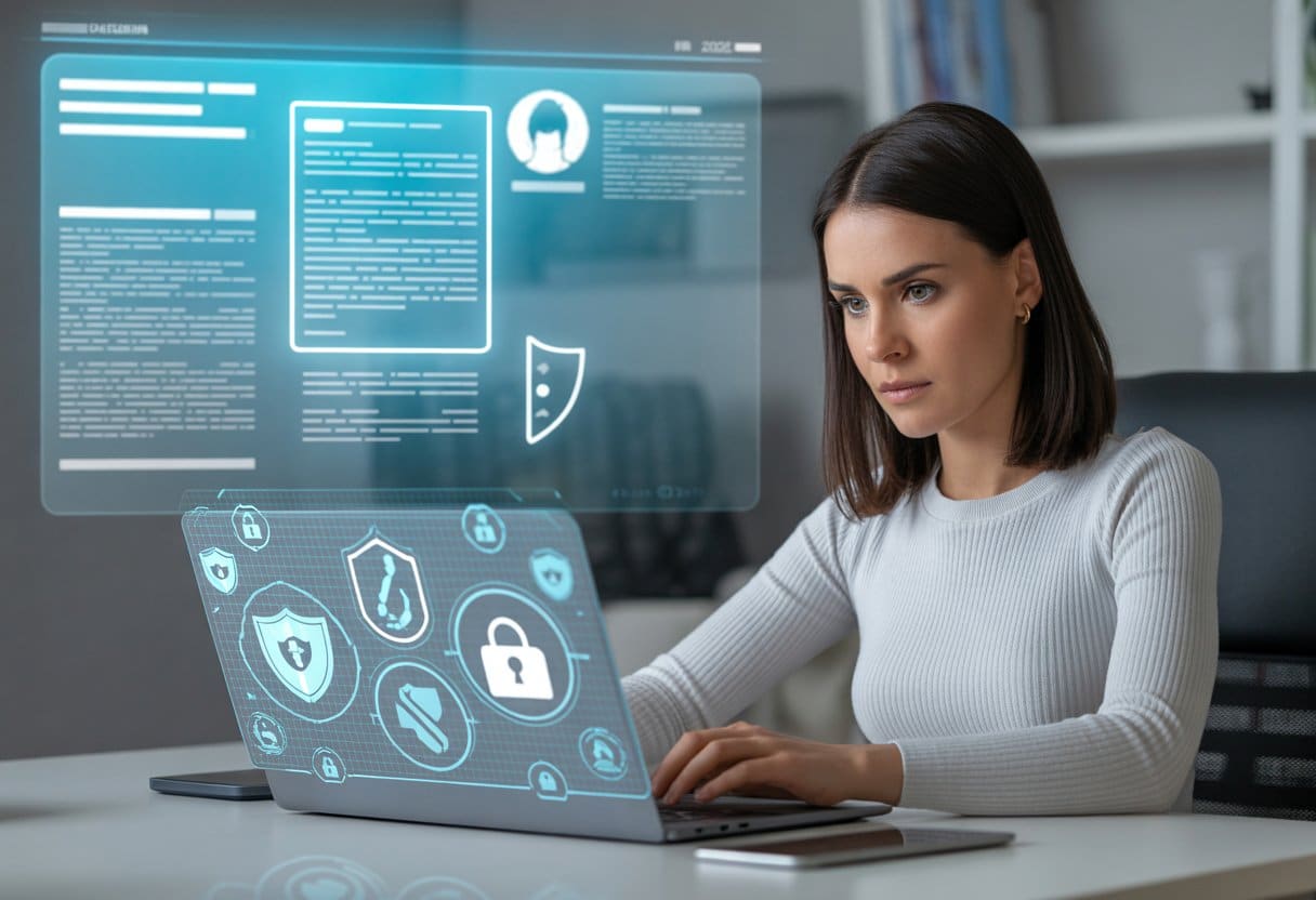 Een vrouw zit aan een bureau met een laptop waarop digitale beveiligingssymbolen te zien zijn, terwijl op de achtergrond een holografisch scherm met gegevens en documenten wordt weergegeven.