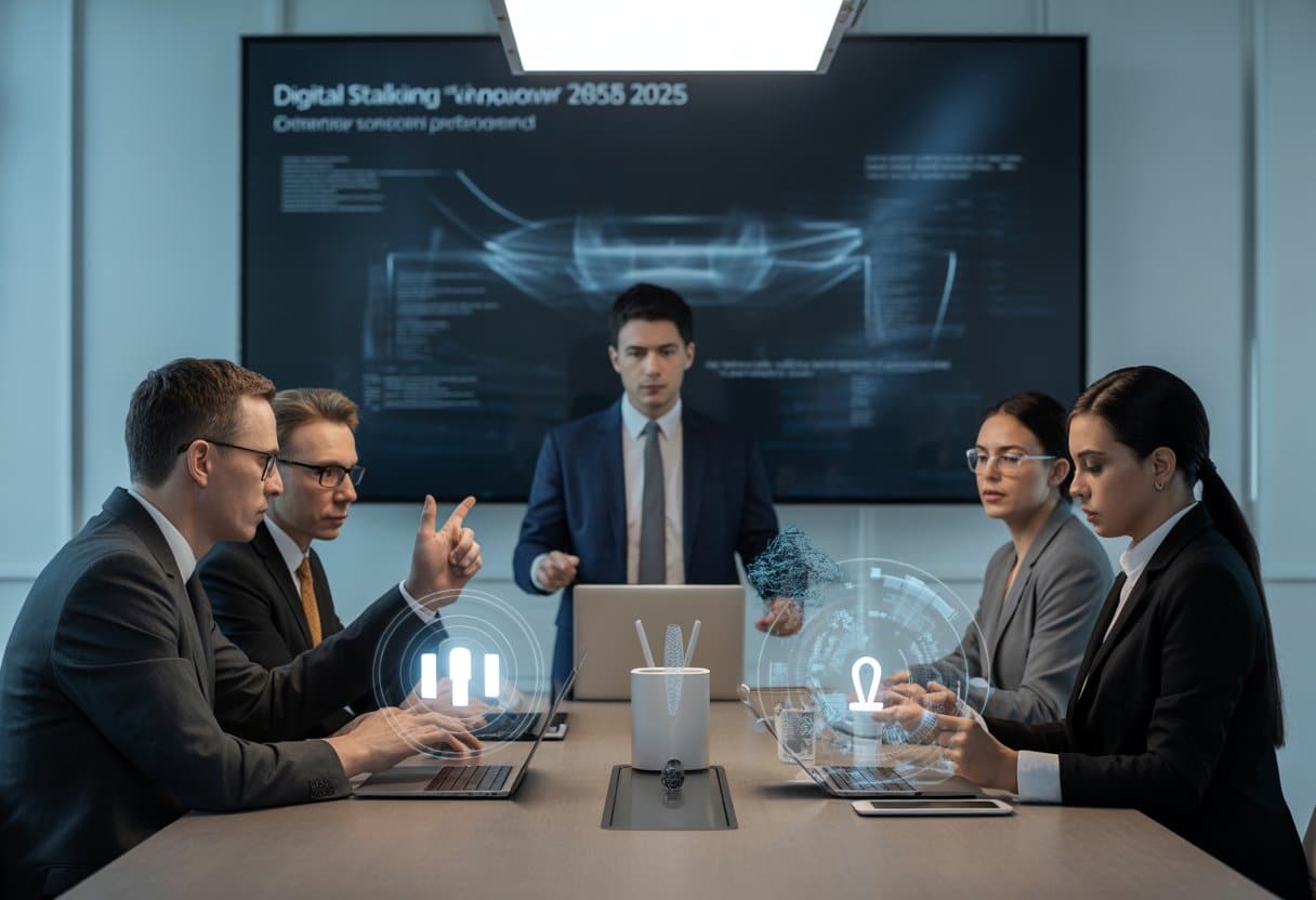 Een groep professionals in een moderne kantooromgeving bespreekt digitale beveiliging en juridische bescherming tegen digitale stalking.