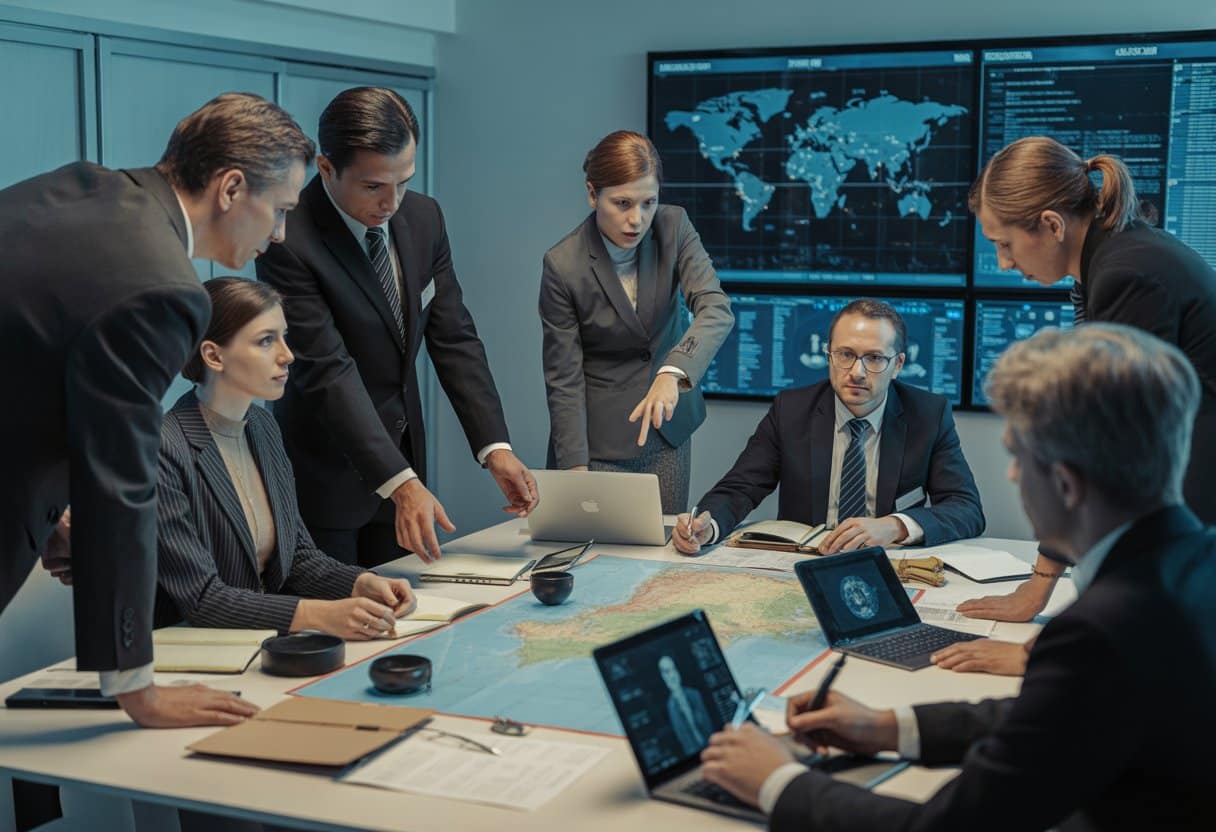 Een groep professionals bespreekt documenten en kaarten in een vergaderruimte over internationale mensenhandelzaken.