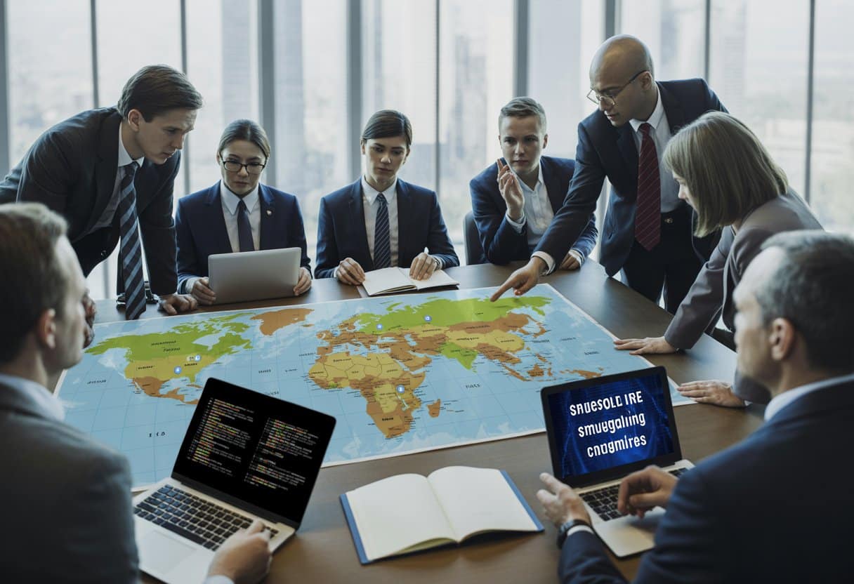 Een groep professionals bespreekt internationale mensensmokkelzaken rond een tafel met een wereldkaart en documenten.