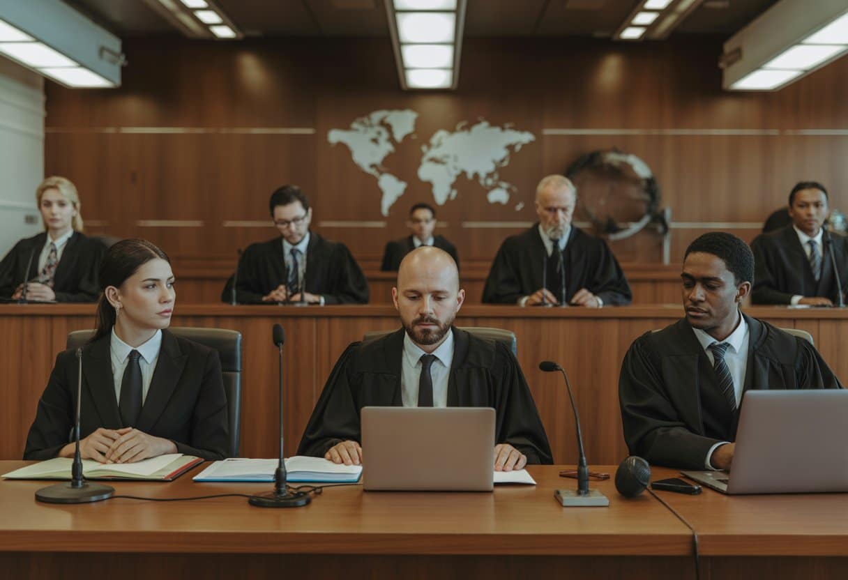 Een moderne rechtszaal met diverse juridische professionals die in gesprek zijn tijdens een rechtszaak over internationale mensensmokkel.