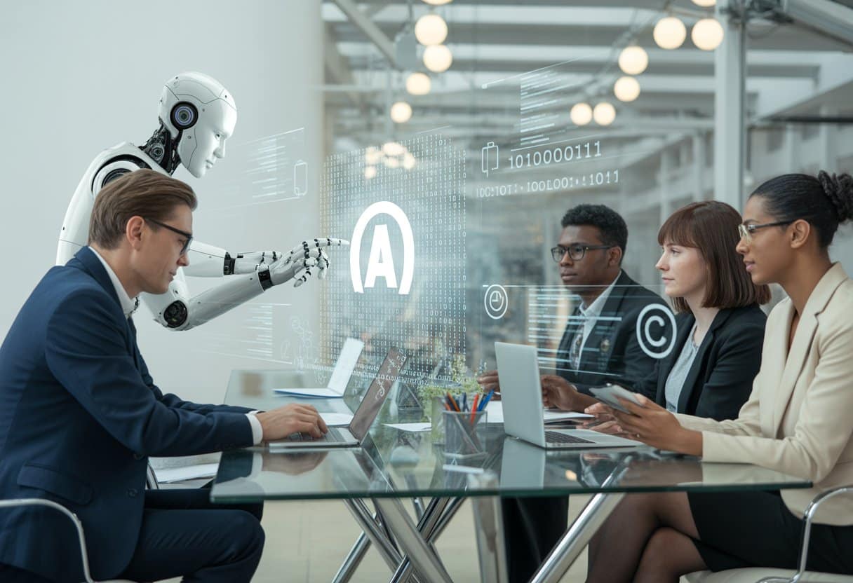 Een groep mensen werkt samen met een robot aan een laptop in een moderne kantooromgeving.