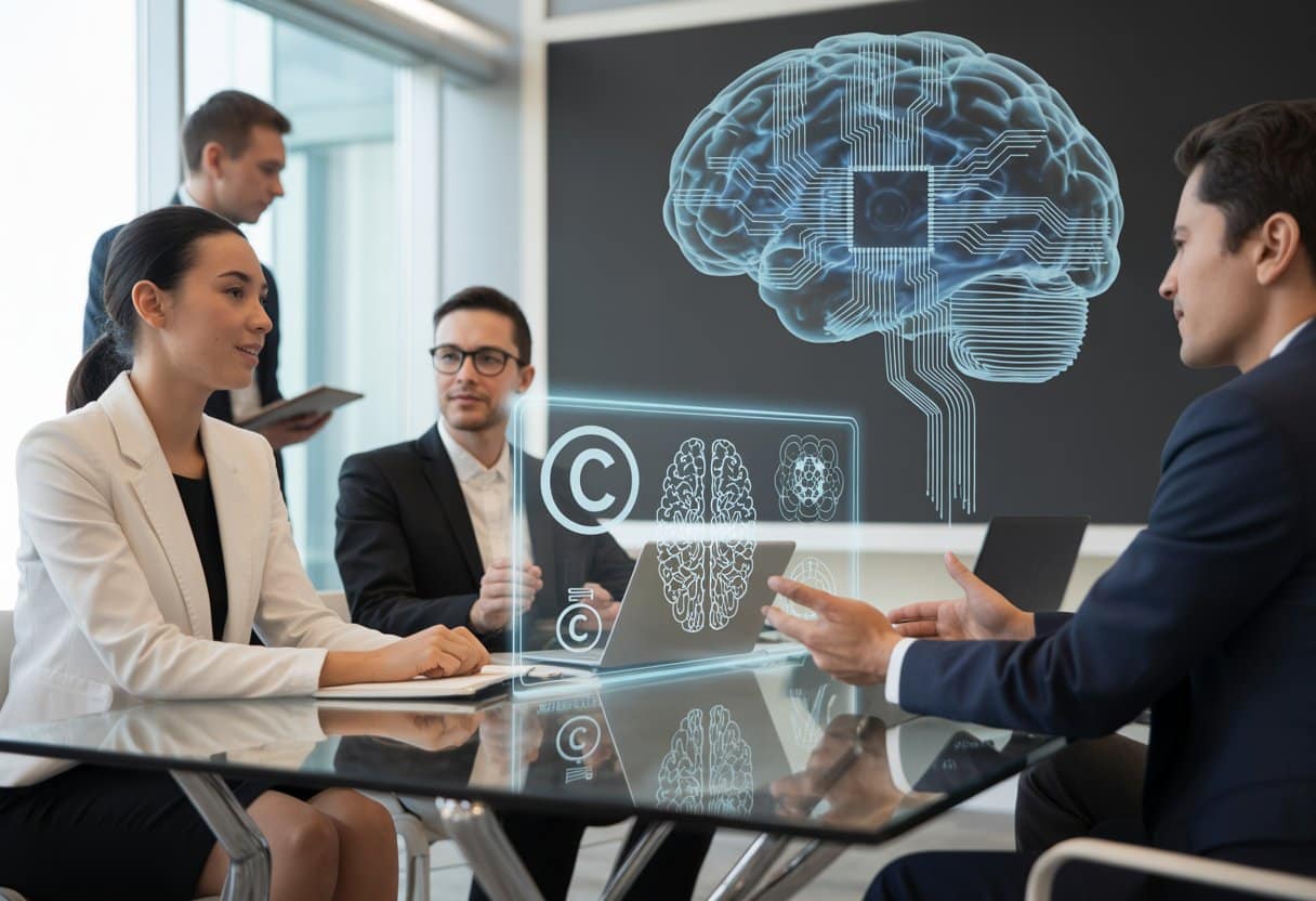 Een groep professionals bespreekt AI en auteursrecht in een moderne kantooromgeving met een digitaal scherm en een hologram van een hersenmodel met schakelingen.
